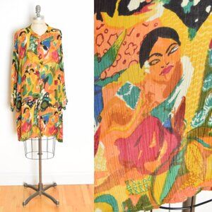 vintage 90s tunic top mustard people print Mexican crinkle shirt blouse XXL